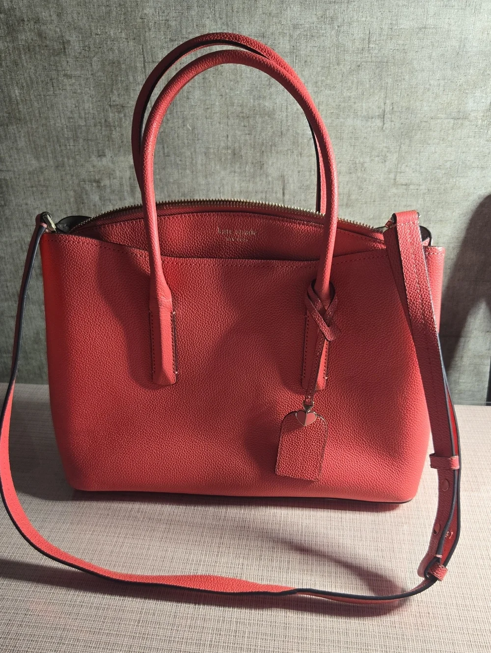 kate spade Coral-Red Pebbled Leather Satchel with Crossbody Strap